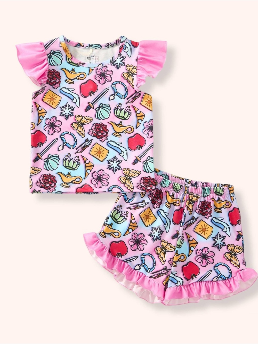 Girls Pink Ruffle Short Pajama Set with Playful Allover Print
